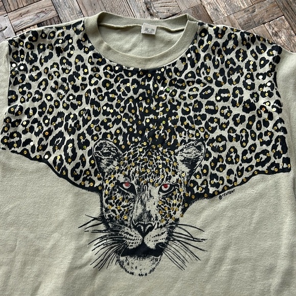 Vintage 80s African Kenya Leopard Cheetah Shirt Sequins Large - Picture 1 of 8